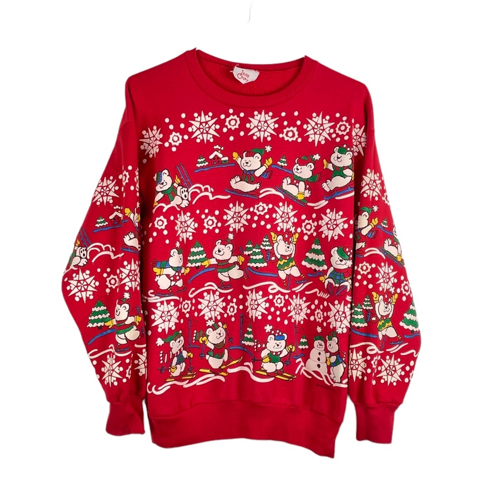 VINTAGE 1990s Pullover Christmas Sweatshirt Skiing Teddy Bears and Snowflakes
